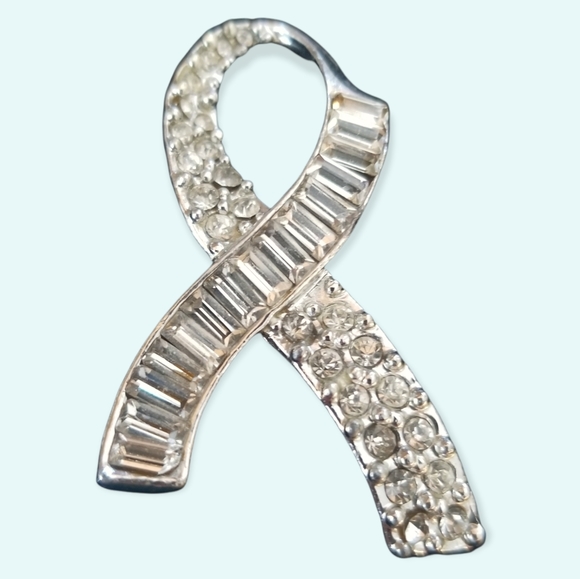 Survivor Ribbon Rhinestone Silver Tone Metal Brooch Pin - Picture 2 of 8